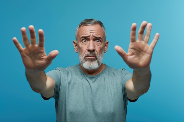 Photo mature man showing stop gesture expressing fear and defense