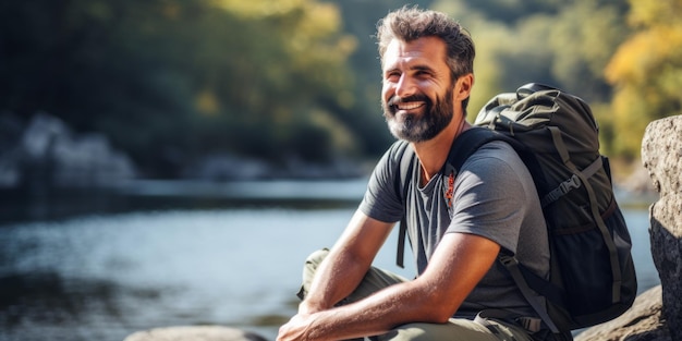 Photo mature man with backpack sitting on rock by river coming down from the mountain generative ai