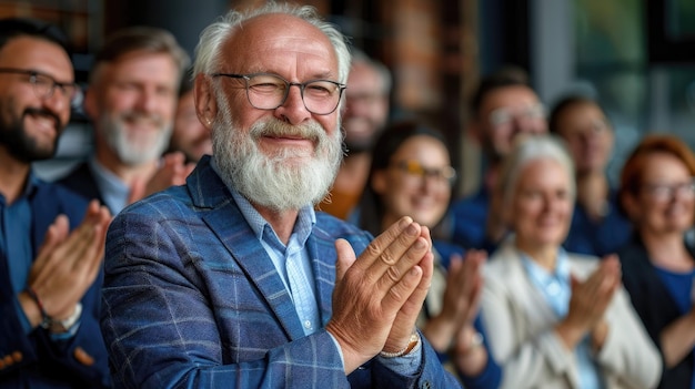 Mature man with a white beard smiling and clapping at a group event