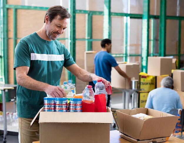 Photo mature man working as volunteer at community center and arranging donated food and water in boxes