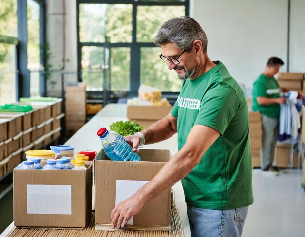 Photo mature man working as volunteer at community center and arranging donated food and water in boxes