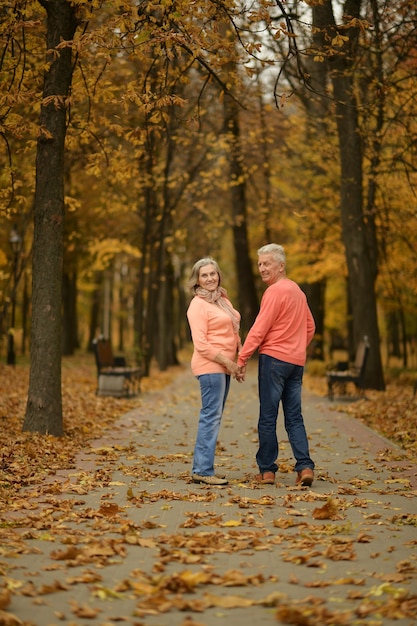 Mature married couple having fun on fresh air in autumn