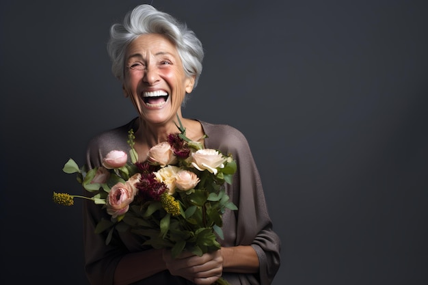 Mature old woman laughing hysterically after receiving a gift of flowers