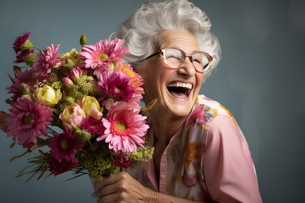 Mature old woman laughing hysterically after receiving a gift of flowers