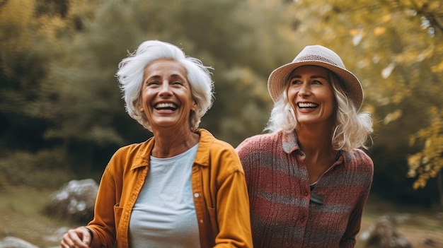 mature old women friends standing in the garden