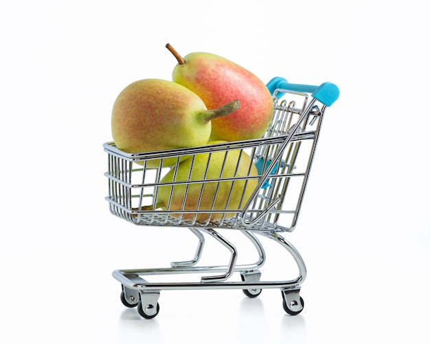 Mature pears in supermarket trolley