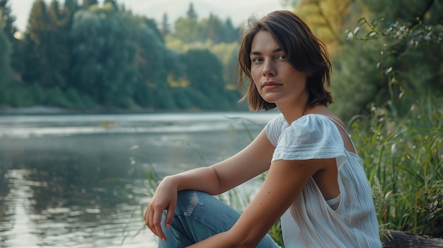 Mature plus size model by river bob hairstyle sitting on log in lush green at morning light