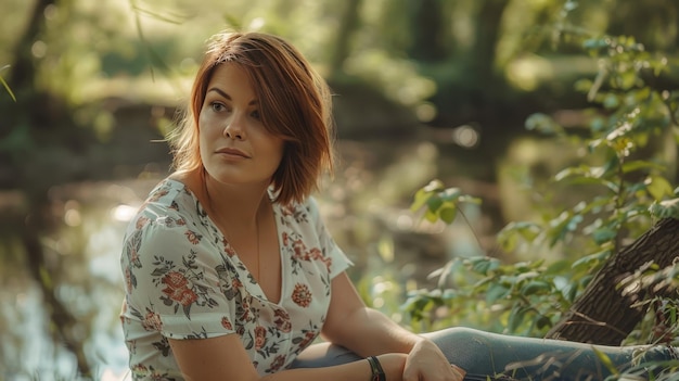 Mature plus size model by river lush green setting close up shot sitting on log