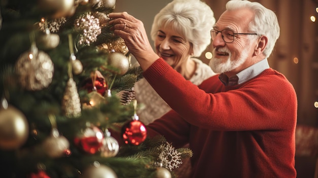 Mature senior happy couple decorating Christmas tree at homecelebrating winter holidays together