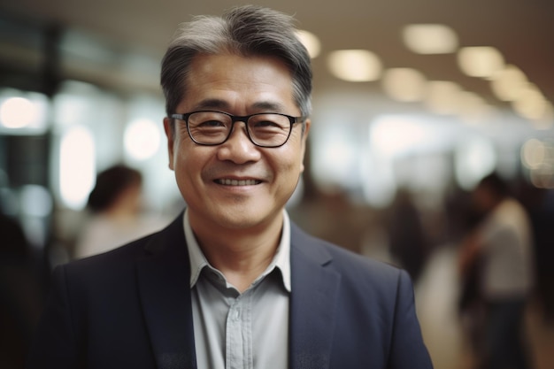 Mature smart asian businessman smiling face standing in blur background of busy office Generative AI AIG20