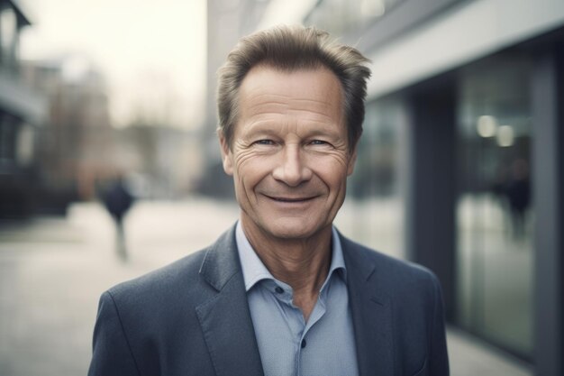 Mature smart swedish businessman smiling face standing in blur background of modern office building Generative AI AIG20