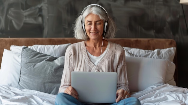 mature smiling woman sitting on mattress using laptop with headphones