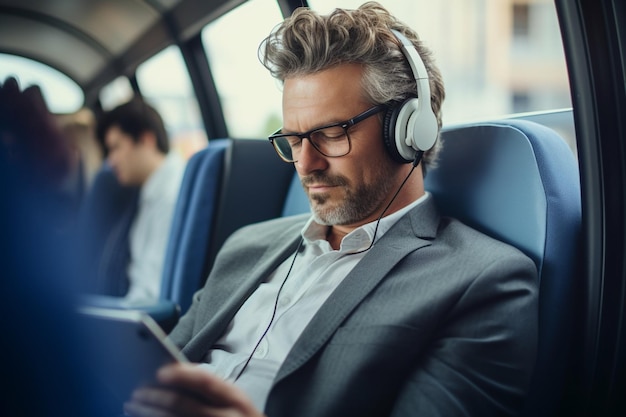 Photo mature tired businessman with heaphones and smartphone travelling by bus in city