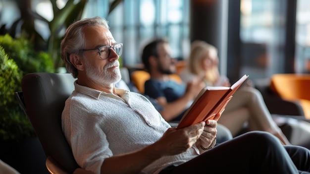 Photo mature travelers enjoy reading travel guides in a comfortable airport lounge engaged and relaxed