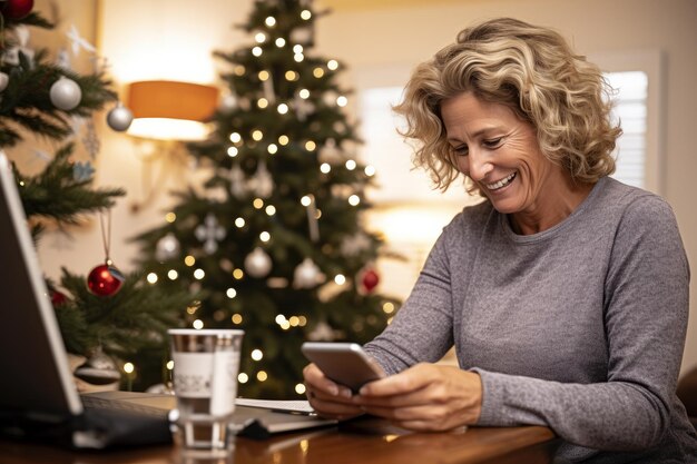 Mature Woman Enjoys the Season with Smartphone in Hand