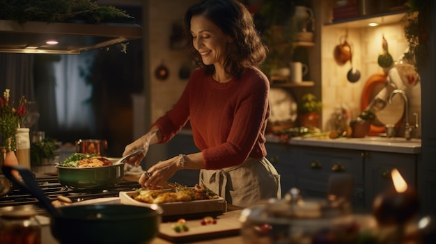 a mature woman is engaged preparing food In a kitchen on christmas evening background