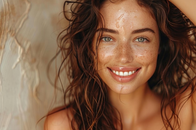 Mature Woman Joyfully Drying Hair After Wash Radiant Beauty on a Beige Background