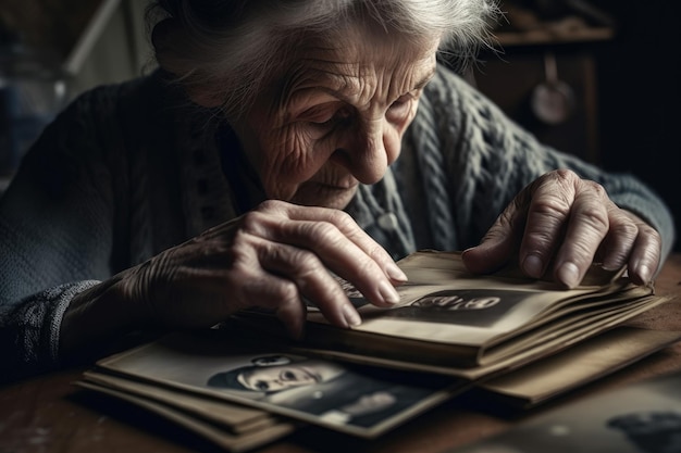 Mature woman looking at photo album with olpd photos Generative AI