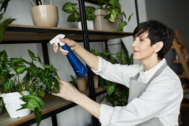 Photo mature woman nurturing her plants in a sunlit garden studio