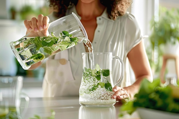 Photo mature woman pouring detox water in glass at home isolated on white background generative ai