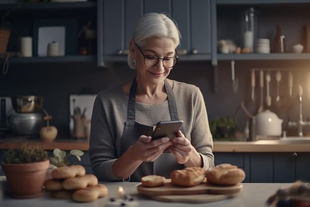 A mature woman prepares a breakfast recipe consulting her mobile in the kitchen Ai generated