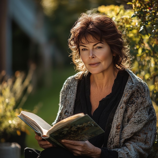 Mature woman reading a book in the garden Closeup portrait