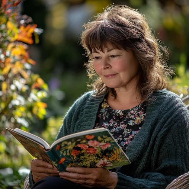 Photo mature woman reading a book in the garden focus on the book