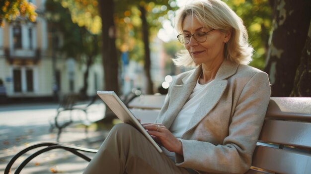 Mature woman reading on tablet in park