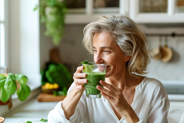 Mature Woman Savoring Spirulina Smoothie