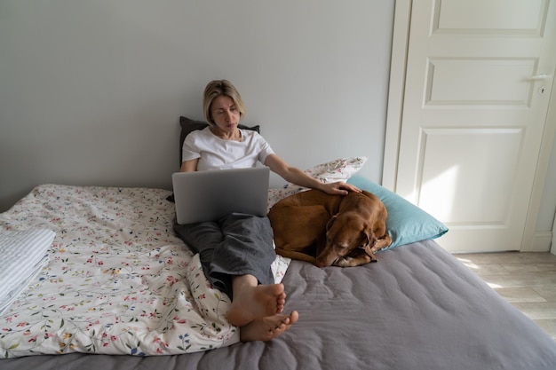 Mature woman scrolls Internet searching job vacancy online via laptop on bed by dog