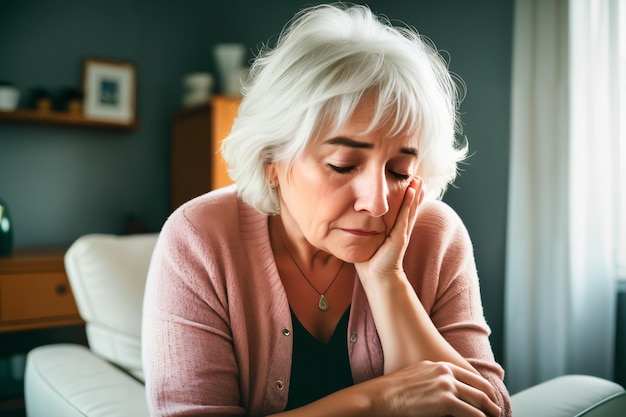 Mature woman sitting on the sofa feeling sad and alone Upset elderly 70s female have headache while in living room at home