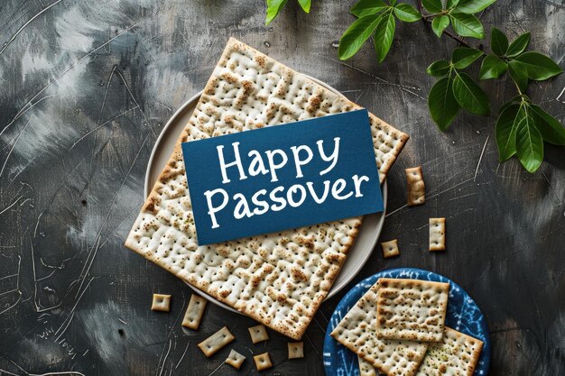 Matzah crackers with the phrase Happy Passover spell out a greeting for the Jewish holiday