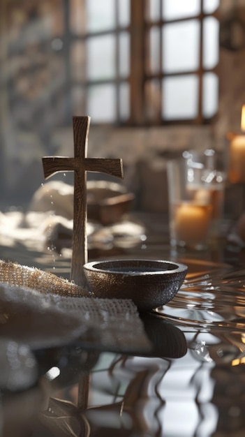 Photo maundy thursday cross with candle and water reflection