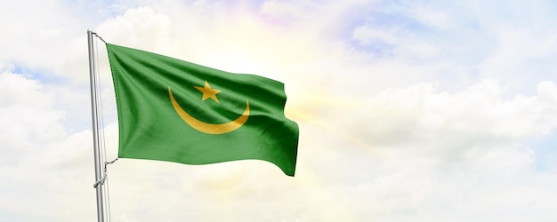 Mauritania flag waving on sky background 3D Rendering