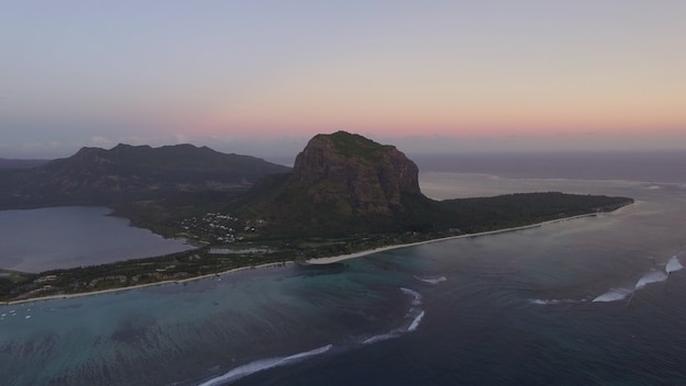 Mauritius aerial view with le morne brabant mountain and ocean