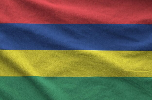 Mauritius flag depicted on folded wavy fabric of old cloth