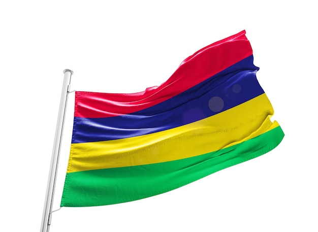 Photo mauritius waving flag with mast on white background with cutout path