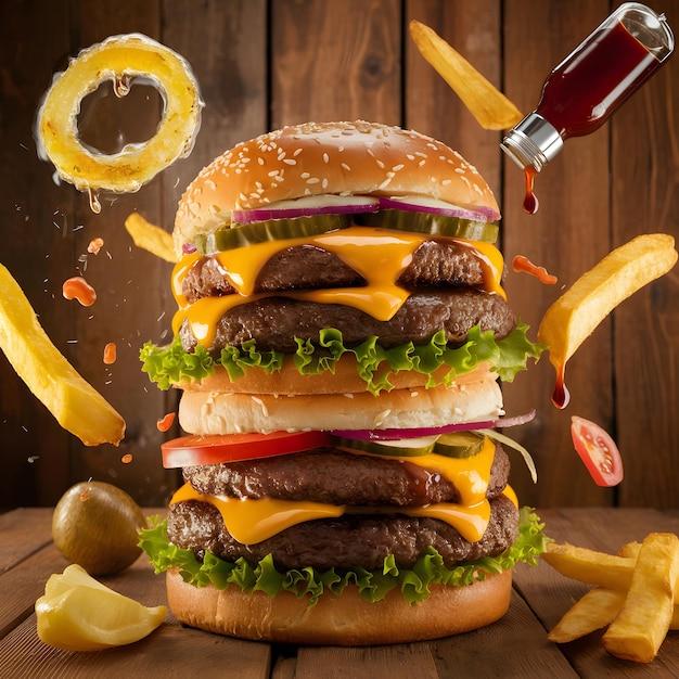 Maxi hamburger a cheeseburger with flying ingredients isolated on a wooden background