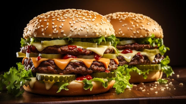 Maxi hamburger double cheese burger with ingredients isolated on white background