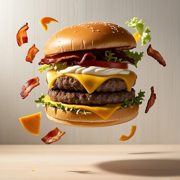 Maxi hamburger double cheeseburger with flying ingredients isolated on woodenSmooth Fresh backgro