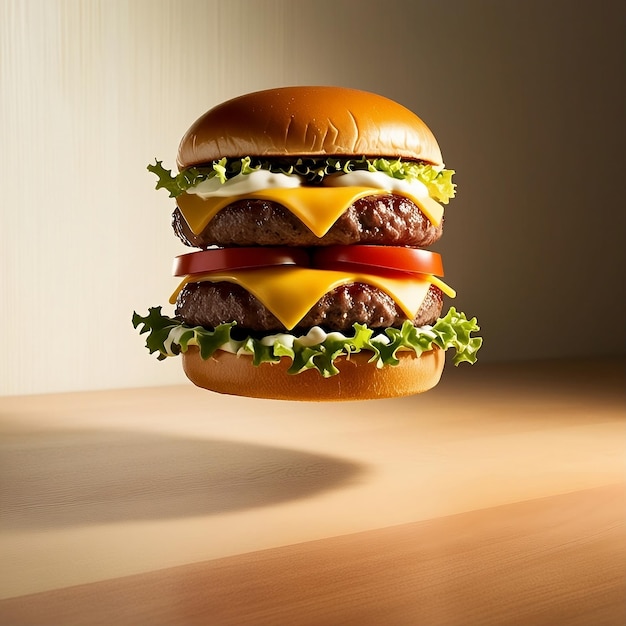 Maxi hamburger double cheeseburger with flying ingredients isolated on woodenSmooth Fresh backgro