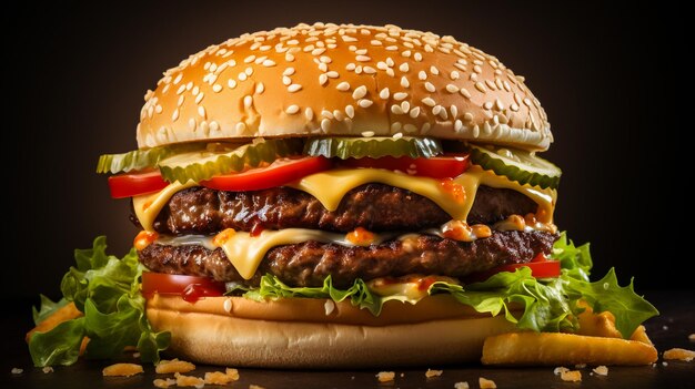 Maxi hamburger double cheeseburger with ingredients isolated on black background