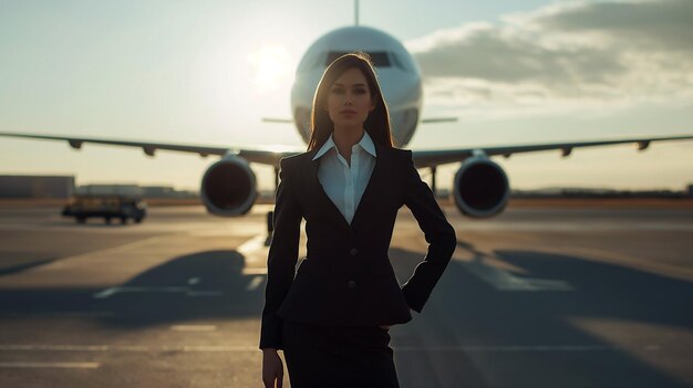 Photo maxican air hostess standing confidently at the runway against aircraft