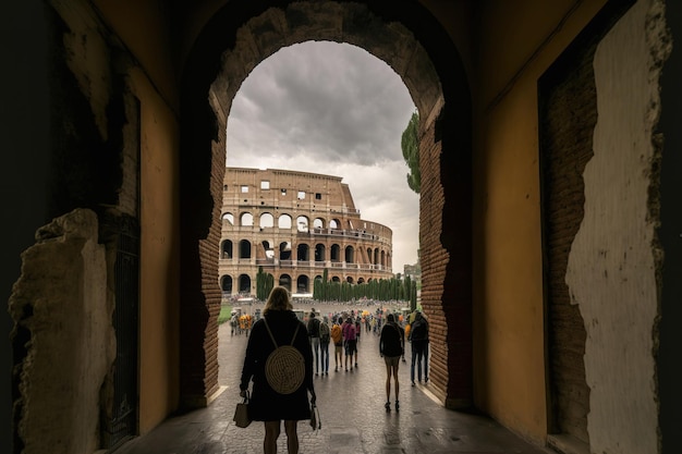 May 11 2016 Tourists can be seen by the Colosseum in Rome Italy by the Arch of Constantine pillars