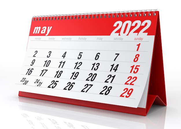 May 2022 Calendar. Isolated on White Background. 3D Illustration