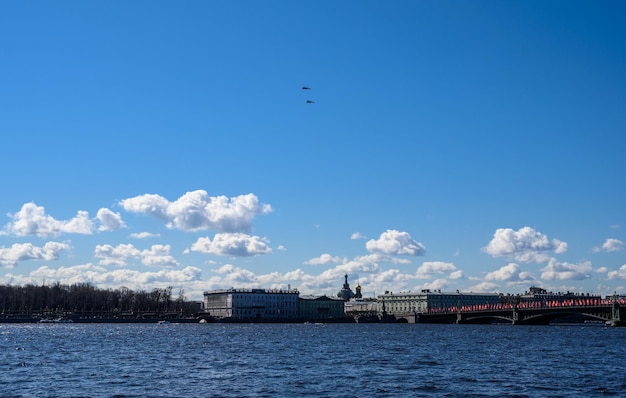 May 9 the flight of aircraft over the Neva Saint Petersburg sunny holiday