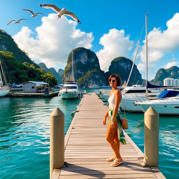 Photo maya bay koh phi phi thailand turquoise clear water thailand koh pi pi scenic aerial view of koh phi phi island in thailand asian woman mid age with hat in longtail boat