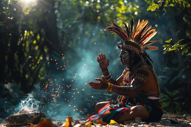 Maya priest or shaman performing a ritual or ceremony illustration photo