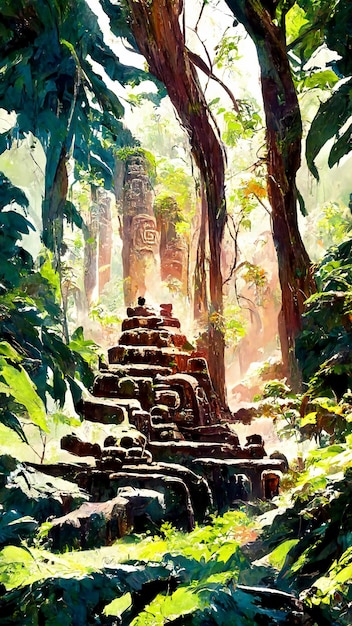 Mayan ancient cultural ruins in the forest 3D illustration