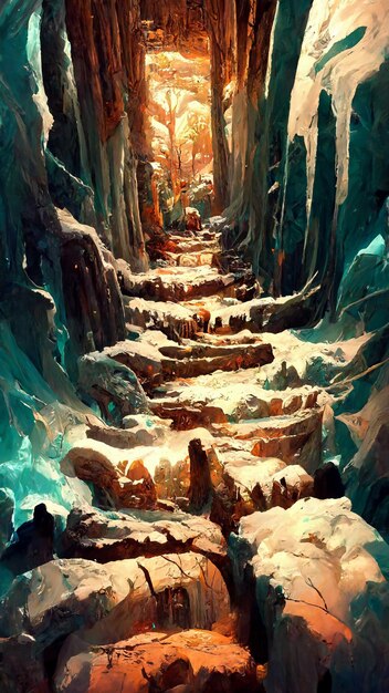 Mayan civilization Snow and ice forest land cave 3D illustration